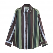 Women's Fashion Striped Satin Blouse Vintage Long Sleeve Floral Print Shirt Elegant Button Up Polo Collar Top Casual Office Silky Texture Ladies Clothing