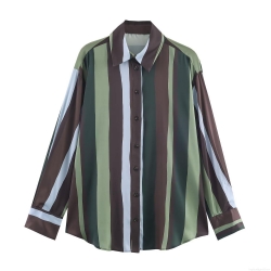 Women's Fashion Striped Satin Blouse Vintage Long Sleeve Floral Print Shirt Elegant Button Up Polo Collar Top Casual Office Silky Texture Ladies Clothing