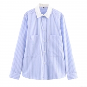 Women's Striped Long Sleeve Shirt Contrast Collar Button Down Blouse With Double Pockets Relaxed Fit Casual Top For Daily Wear Office Work Fall Winter Polyester Poplin