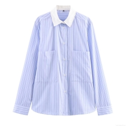 Women's Striped Long Sleeve Shirt Contrast Collar Button Down Blouse With Double Pockets Relaxed Fit Casual Top For Daily Wear Office Work Fall Winter Polyester Poplin