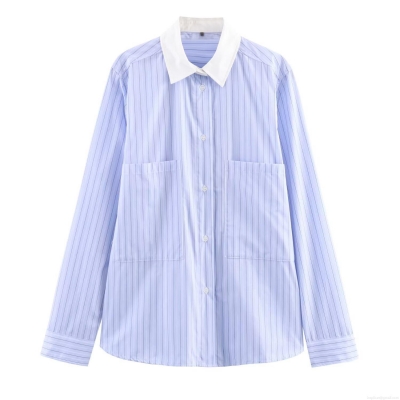 Women's Striped Long Sleeve Shirt Contrast Collar Button Down Blouse With Double Pockets Relaxed Fit Casual Top For Daily Wear Office Work Fall Winter Polyester Poplin