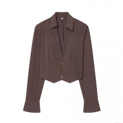 Women's Striped Cropped Shirt With Padded Shoulders Deep V-Neck Gold Buttons Long Sleeve Polyester Blouse For Office Lady Elegant Retro Brown Tops