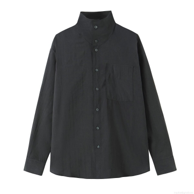 Women's Fashion Beaded Solid Color Long Sleeve Button Down Shirt Polyester Casual Stand Collar Blouse with Pocket Curved Hem Office Lady Poplin Top