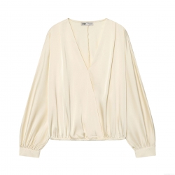 Elegant Satin Women's Blouse V-Neck Wrap Cross Over Long Sleeve Shirt Champagne Silky Smooth Lightweight Top For Casual Party Office Lady Fashion