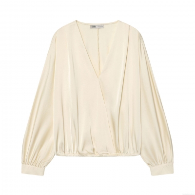 Elegant Satin Women's Blouse V-Neck Wrap Cross Over Long Sleeve Shirt Champagne Silky Smooth Lightweight Top For Casual Party Office Lady Fashion