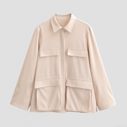 Women Long Sleeve Button Down Shirt Blouse Polyester Solid Color Workwear Utility Pocket Top Elegant Casual Office Ladies Fashion Wear
