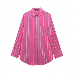 Women's Fashion Fuchsia Vertical Stripe Long Sleeve Shirt Loose Lapel Button Up Blouse With Pocket For Spring Daily Casual Sweet