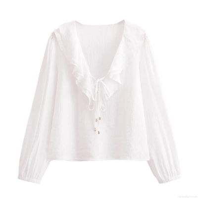 Women's Elegant White V-Neck Ruffle Blouse Long Sleeve Pleated Textured Pullover Shirt With Drawstring Gold Beads Detail Elegant Casual Fashion Tops For Ladies Daily Wear