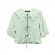 Women Puff Sleeve Gingham Blouse Seersucker Sailor Collar Tie Front Shirt Plaid Short Sleeve Top Casual Sweet Retro Style Summer Clothing