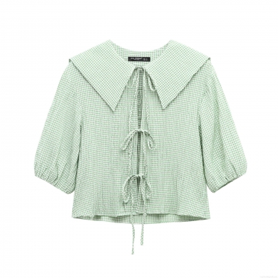 Women Puff Sleeve Gingham Blouse Seersucker Sailor Collar Tie Front Shirt Plaid Short Sleeve Top Casual Sweet Retro Style Summer Clothing