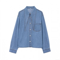 Women's Casual Denim Shirt With Bow Tie Collar Long Sleeve Button Down Blouse Top With Chest Pocket Retro Pointed Collar Jean Shirts