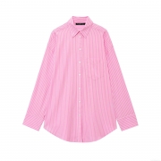 Women's Pink Striped Button Down Long Sleeve Shirt Casual Loose Lapel Blouse With Pocket Polyester Woven Top For Women Daily Wear