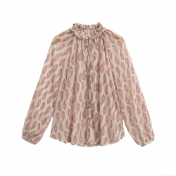 Women's Paisley Print Chiffon Blouse With Gold Lurex Metallic Thread Ruffle Stand Collar Long Lantern Sleeve Single Breasted Casual Shirt Top