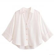 Women's Casual White V-Neck Blouse Button Down Short Sleeve Polyester Shirt Linen-Like Texture Loose Fit Top For Daily Office Summer Vacation