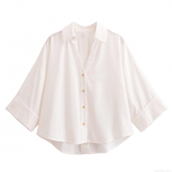 Women's Casual White V-Neck Blouse Button Down Short Sleeve Polyester Shirt Linen-Like Texture Loose Fit Top For Daily Office Summer Vacation