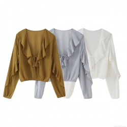 Women Elegant Ruffle Chiffon Blouse Sexy V-Neck Tie Front Long Sleeve Smocked Hem Crop Top Solid Color Fashion Shirt For Women Lady