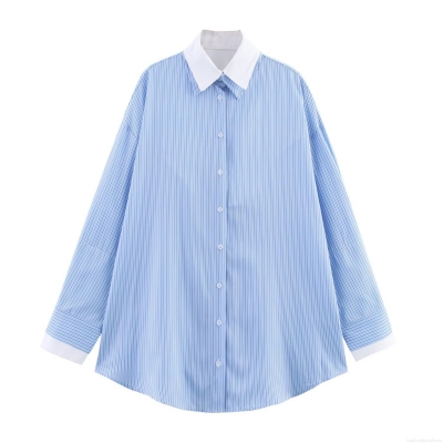 Women's Fashion Poplin Striped Shirt Contrast White Collar Long Sleeve Single Breasted Casual Blouse Office Lady Tops