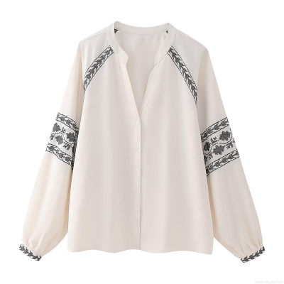 Women's Long Sleeve V-Neck Embroidered Shirt Fashion Elegant Contrast Color Single Breasted Polyester Blouse Casual Tops For Women