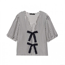 Women Fashion Black White Striped Blouse Bow Tie V Neck Puff Short Sleeve Seersucker Shirt Top Casual Sweet Blouse For Lady