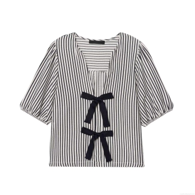 Women Fashion Black White Striped Blouse Bow Tie V Neck Puff Short Sleeve Seersucker Shirt Top Casual Sweet Blouse For Lady