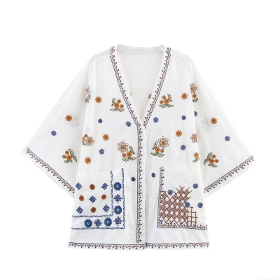 Women's Long Sleeve Blouse 85% Cotton Floral Embroidered V Neck Shirt Loose Casual Bohemian Style Tops For Women Elegant Breathable Comfortable Vacation Clothing