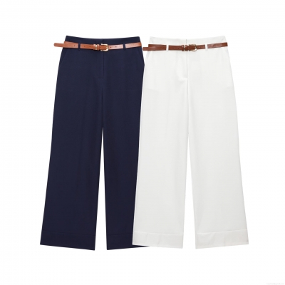 Women High Waist Wide Leg Casual Pants With Belt Solid Color Elegant Office Trousers Comfortable Woven Polyester Bottoms Classic Straight Long Trousers