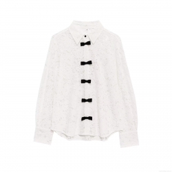 Women Elegant Hollow Out Lace Blouse Shirt With Black Bow Decorations Polyester Long Sleeve Single-Breasted Shirt Collar Top For Party Date Wedding Season Sweet Style