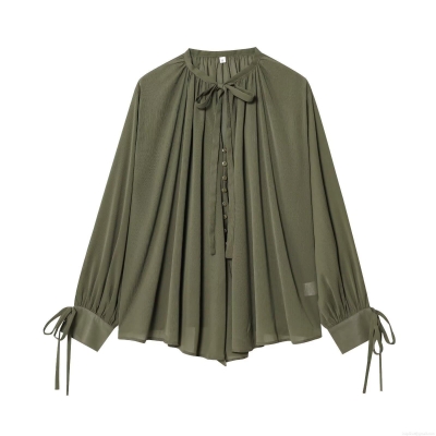 Women's Elegant Pleated Chiffon Blouse With Bow Tie Neck And Long Sleeves Solid Color Button Down Shirt Top For Office Party Lady