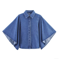 Women Fashion Denim Kimono Shirt Batwing Sleeve Single Breasted Casual V Neck Jean Top Loose Poncho Blouse For Daily Streetwear Spring Clothing