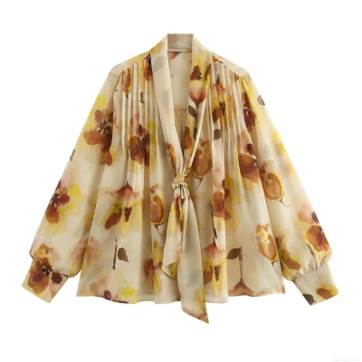 Women's Floral Print Chiffon Blouse Elegant Long Sleeve Tie Neck Pleated Shirt Casual Loose Tops for Women