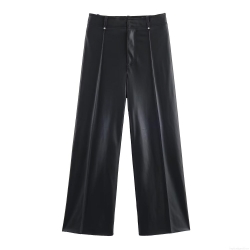 High Waisted Women's Faux Leather Wide Leg Pants Fleece Lined Solid Color PU Leather Straight Leg Trousers For Daily Office Casual