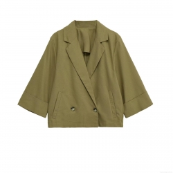 Women's Fashion Short Blazer Jacket Solid Olive Green Double Breasted Three Quarter Sleeve Lapel Collar Casual Outerwear Linen Look Suit Coat For Ladies