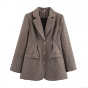 Vintage Brown Herringbone Blazer Jacket Women's Single Breasted 3 Buttons Casual Long Sleeve Outerwear Suit Coat For Career Office Work Lady