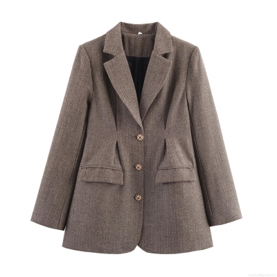 Vintage Brown Herringbone Blazer Jacket Women's Single Breasted 3 Buttons Casual Long Sleeve Outerwear Suit Coat For Career Office Work Lady