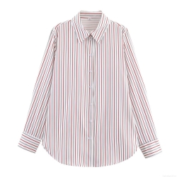 Women's Casual Striped Long Sleeve Poplin Shirt Loose Button Down Blouse Top With Turn-Down Collar And Curved Hem For Spring Fall