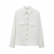 Women Elegant White Crepe Blouse With Padded Shoulders And Gold Metal Buttons Long Sleeve Lapel Shirt For Office Commuting Daily Casual Ladies Top