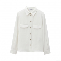Women Elegant White Crepe Blouse With Padded Shoulders And Gold Metal Buttons Long Sleeve Lapel Shirt For Office Commuting Daily Casual Ladies Top