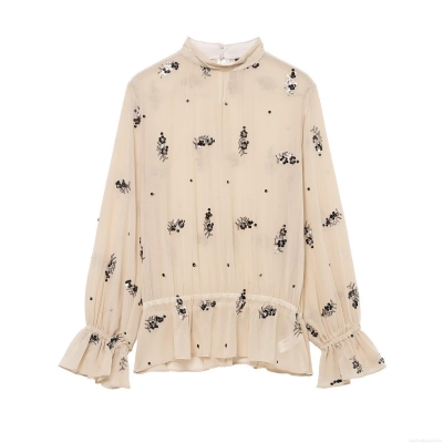 Women's Elegant Sequin Flower Embroidery Blouse Stand Collar Long Sleeve Ruffle Cuffs Chiffon Shirt Pullover Top for Party Office