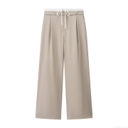 Women's High Waist Wide Leg Pants Elegant Elastic Drawstring Contrast Waist Draped Straight Trousers Casual Loose Fit Office Slacks Versatile Daily Bottoms
