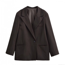 Women's Elegant Dark Brown Twill Blazer Notched Lapel Single Breasted One Button Office Casual Suit Jacket With Pockets Fully Lined Outerwear
