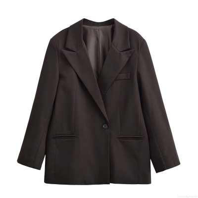Women's Elegant Dark Brown Twill Blazer Notched Lapel Single Breasted One Button Office Casual Suit Jacket With Pockets Fully Lined Outerwear