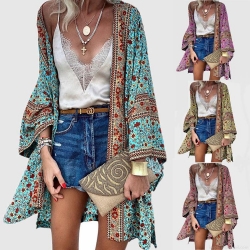 Women's Bohemian Floral Print Cardigan Lightweight Polyester Long Sleeve Beach Cover Up Loose Casual Kimono Blouse Tops For Summer Vacation