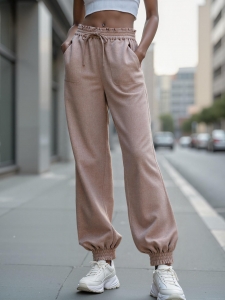 Women's Casual High Waist Jogger Pants Solid Color Drawstring Elastic Cuff Trousers With Pockets Breathable Polyester Blend Sweatpants For Women