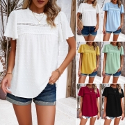 Women's Swiss Dot Lace Patchwork Blouse Short Sleeve Ruffle Smocked Top Summer Casual Hollow Out Round Neck Blouse With Back Tie For Ladies