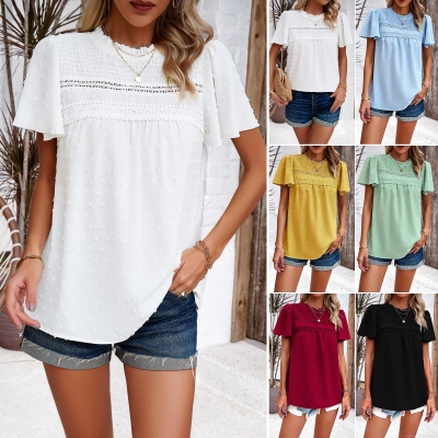 Women's Swiss Dot Lace Patchwork Blouse Short Sleeve Ruffle Smocked Top Summer Casual Hollow Out Round Neck Blouse With Back Tie For Ladies