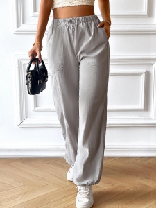 Women's Casual Cargo Pants Acrylic Polyester Woven Fabric Drawstring Elastic Waist Loose Fit Joggers Trousers With Side Pockets
