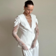 Elegant Women's Lace Splicing Blazer Double Faced Fleece Single Button V Neck Long Sleeve Suit Jacket Slim Fit Party Formal Sexy Outerwear