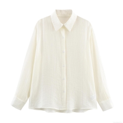 Women's Elegant Textured Long Sleeve Blouse Loose Fit Solid Color Button Down Shirt Lapel Collar Puff Sleeve Casual Tops For Women