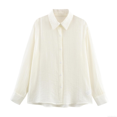 Women's Elegant Textured Long Sleeve Blouse Loose Fit Solid Color Button Down Shirt Lapel Collar Puff Sleeve Casual Tops For Women