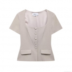 Women's Elegant Retro Square Neck Short Sleeve Blouse Slim Fit Single Breasted Polyester Top Summer Casual Office Lady Party Short Shirt